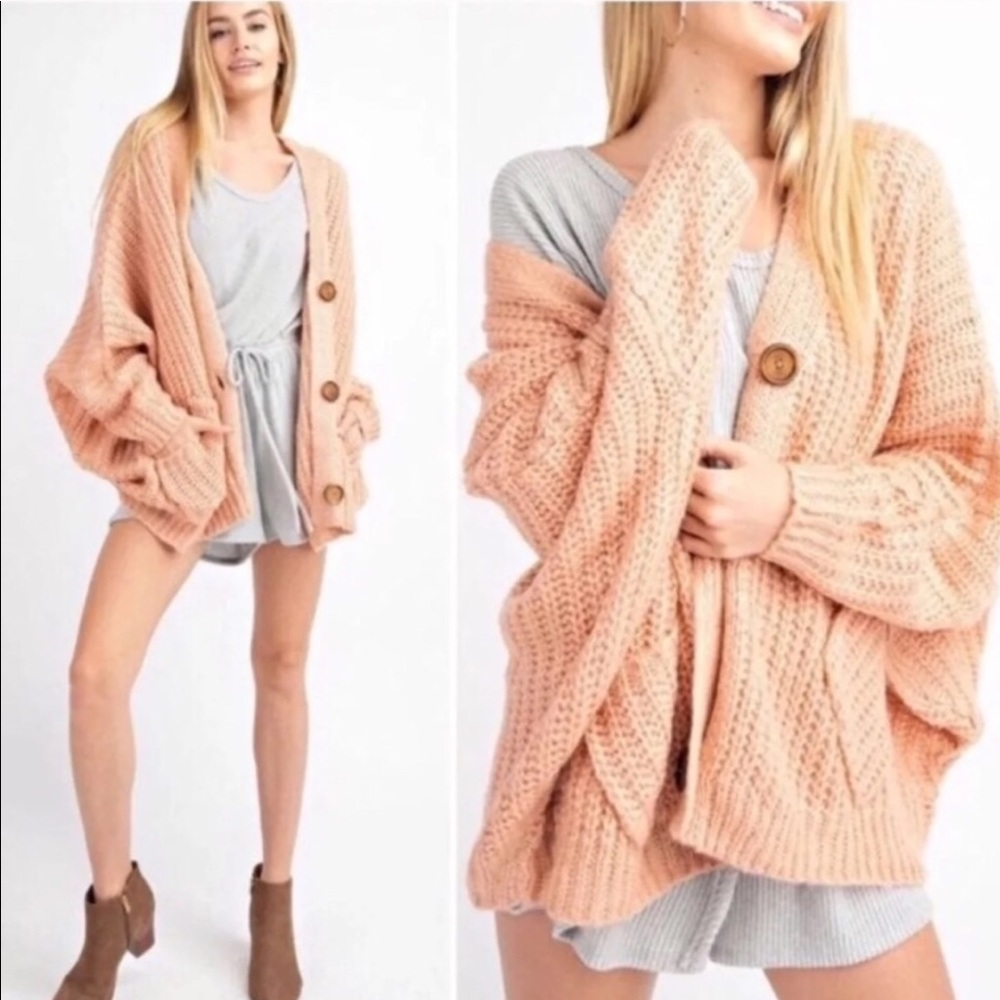 Chunky Knit Oversized Peach Sweater Cardigan β€οΈ - Picture 1 of 15